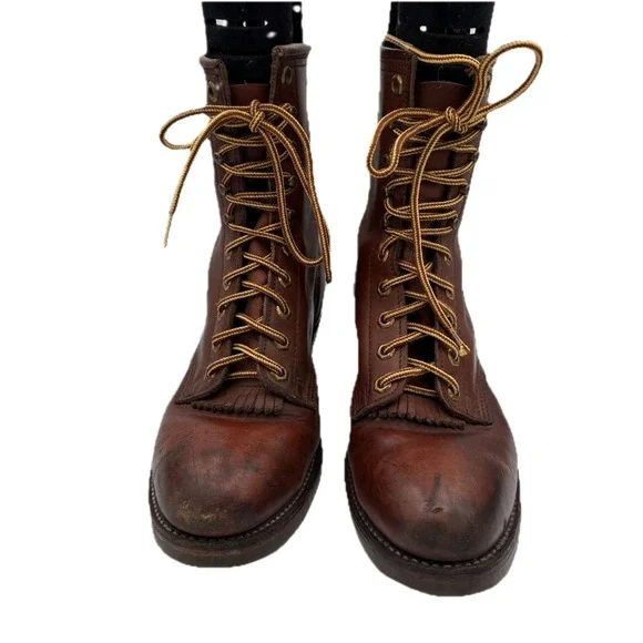 Vintage Wesco Lace-to-Toe Logger Boots Brown Bullhide Sierra Sole USA Made 8.5D - Picture 9 of 13
